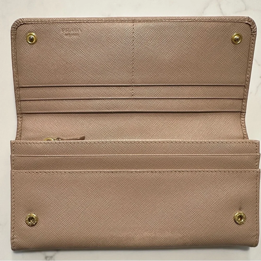 Prada Tan Saffiano Leather Wallet with Gold Logo